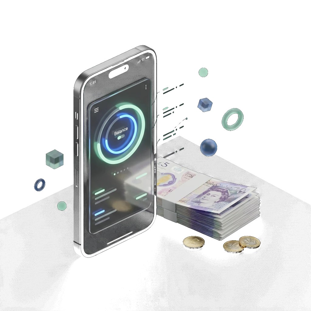 Isometric illustration of a smartphone showing a glowing balance dashboard beside a stack of British pound banknotes and gold coins, on a transparent background