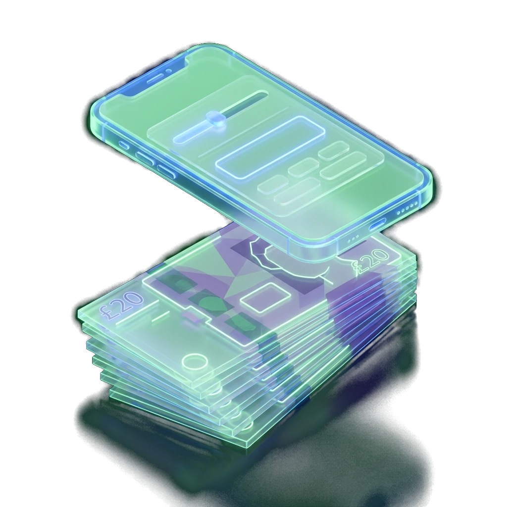 Isometric illustration of stacked British twenty-pound banknotes with a glowing smartphone displaying a loan calculator interface, on a transparent background