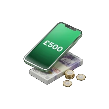Isometric illustration of a smartphone displaying £500 on a glowing green screen, floating above British pound banknotes and gold coins, on a transparent background