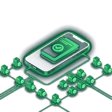Isometric illustration of a smartphone connected by green lines to multiple lender icons with checkmarks, showing how a broker matches borrowers to suitable lenders