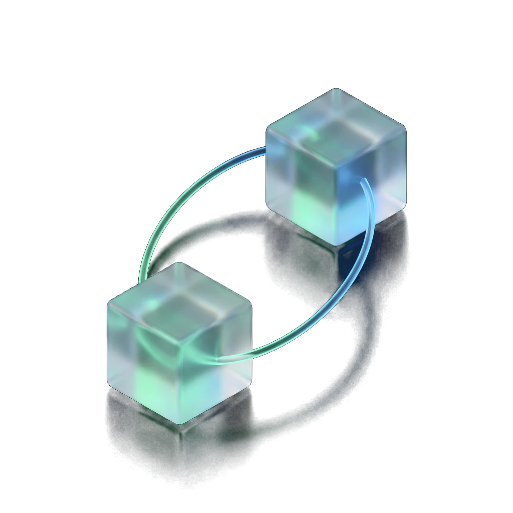 Illustration of two glowing glass cubes connected by a light beam, representing a credit broker matching borrowers with lenders