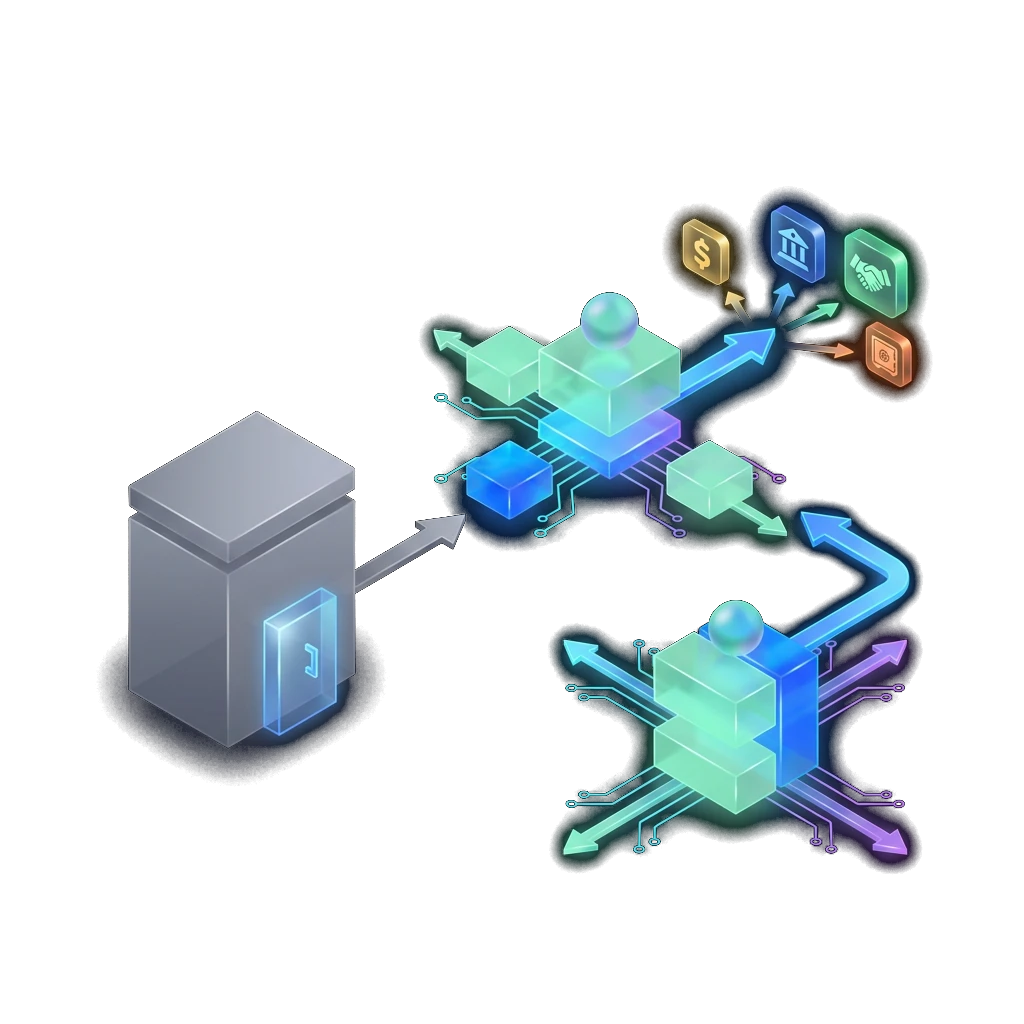 Isometric illustration showing two paths: a single grey building representing a direct lender, and a vibrant glass hub with nodes connecting to multiple lenders, representing a broker