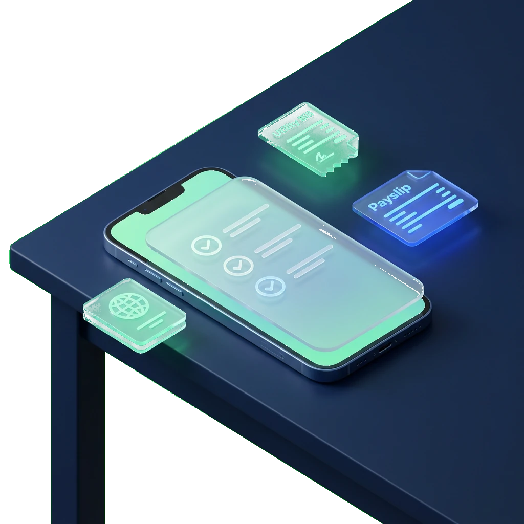 Isometric illustration of a smartphone with a document checklist, surrounded by floating document icons representing identity, address, and income proof documents needed for a loan application