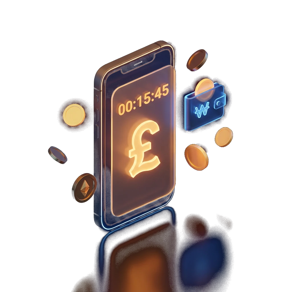 Illustration of a smartphone displaying a pound sterling symbol with a countdown timer, surrounded by floating coins, representing fast emergency loan access