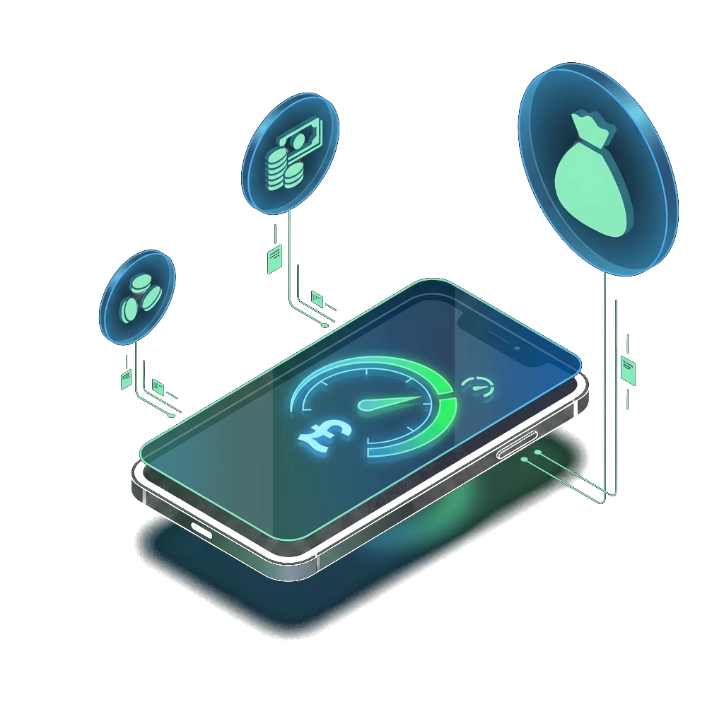 Isometric 3D illustration of a smartphone displaying a loan amount gauge with pound sterling symbol, surrounded by floating circles representing different borrowing amounts connected by green data lines