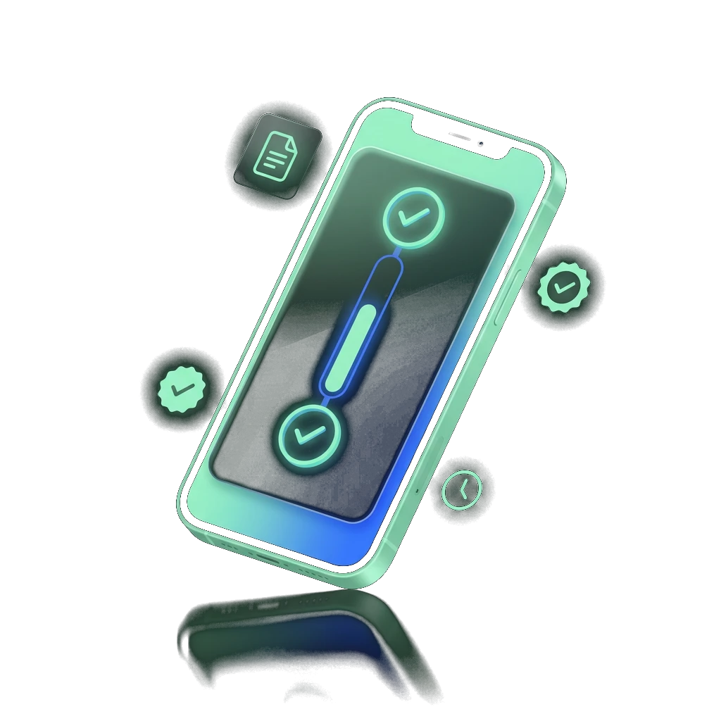 Isometric illustration of a smartphone displaying a loan application progress tracker with checkmark icons, a document symbol, and a clock, on a dark background