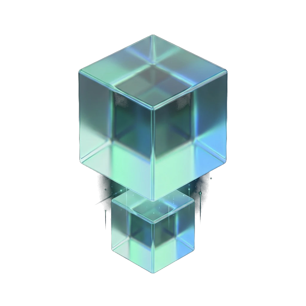 Illustration of glowing glass building blocks assembling one by one, representing the process of building credit history step by step