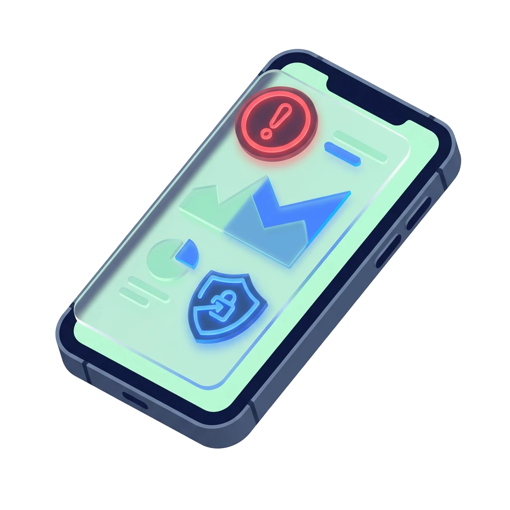Isometric 3D illustration of a smartphone displaying a credit dashboard with a warning alert icon representing a CCJ on a credit file, alongside security shield icons suggesting borrowing options