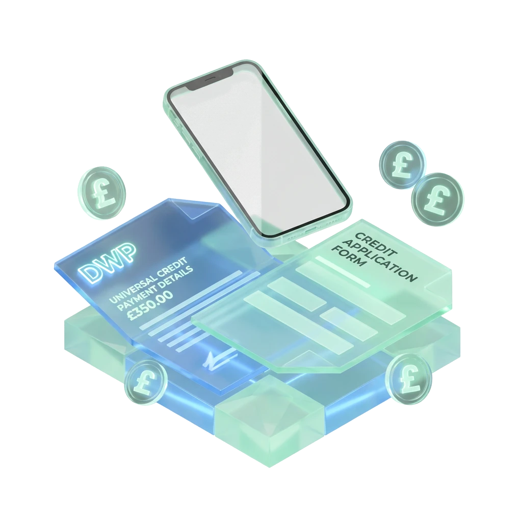 Isometric illustration of a smartphone floating above a UK benefits letter with universal credit payment details, surrounded by glowing pound-coin icons and a credit application form in mint-green and electric-blue tones