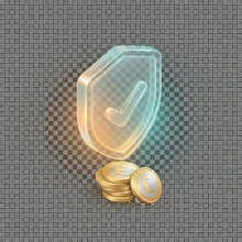 Isometric illustration of a protective glass shield with a checkmark floating above British pound coins on a transparent background