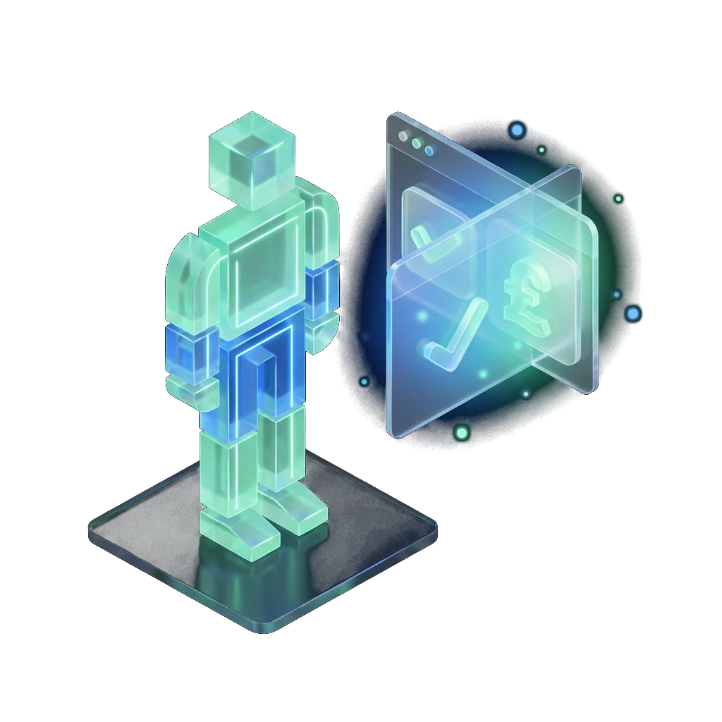 Isometric 3D illustration of a single abstract figure beside a glowing loan approval interface with a checkmark symbol, representing independent borrowing without a guarantor, on a dark background
