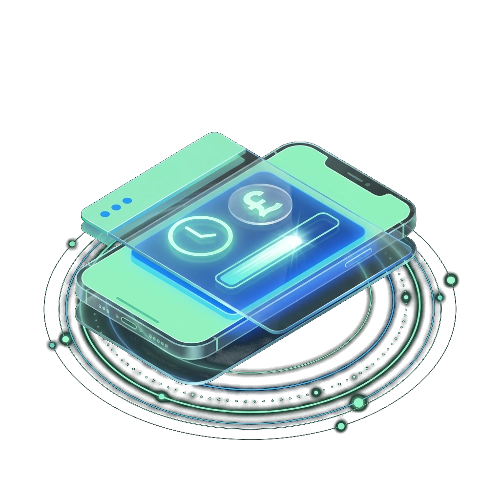 Illustration of a smartphone displaying a clock and pound sterling symbol with a progress bar, representing a fast same day loan application process