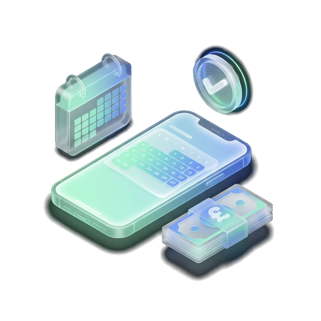 Isometric illustration of a smartphone with a loan dashboard showing a repayment schedule beside a calendar, pound sterling coins, and a green approval indicator on a dark background