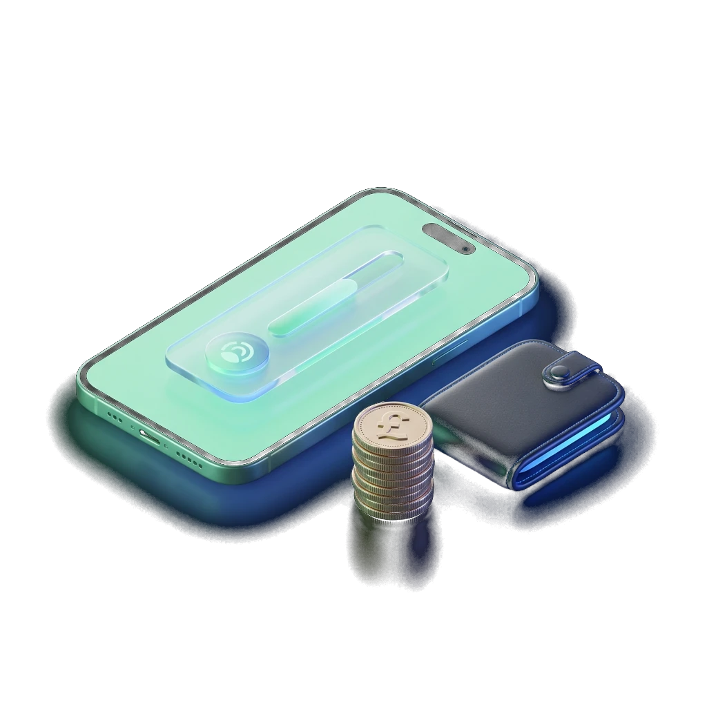 Isometric 3D illustration of a smartphone showing a loan amount selector with stacked pound coins and a wallet, representing borrowing a small amount of money in the UK