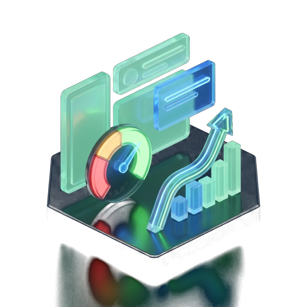 Isometric 3D illustration of a glowing credit score dashboard with a rising trendline, representing financial recovery and improved borrowing prospects