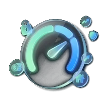 Illustration of a glowing glass credit score gauge with mint green and electric blue gradient arcs floating beside geometric financial icons