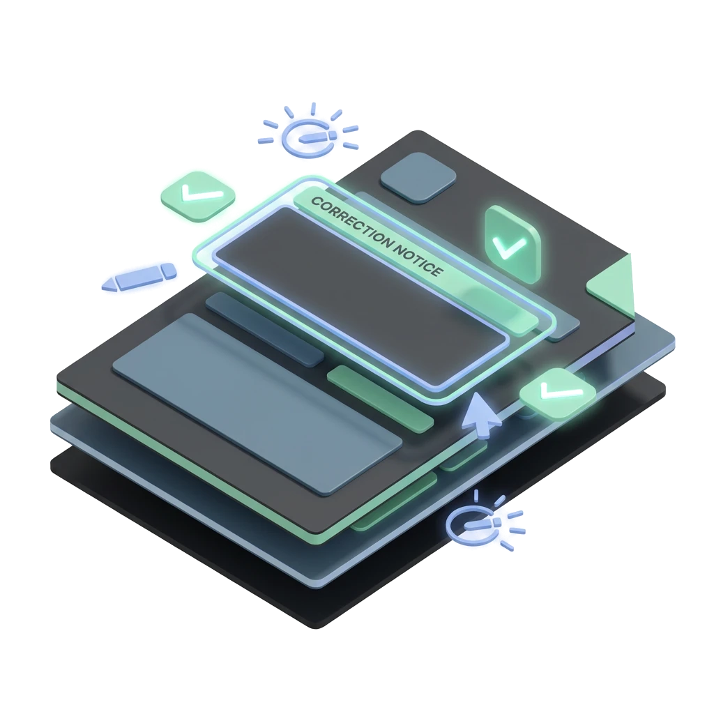 Isometric 3D illustration of a credit report with a highlighted correction notice section and edit annotations, representing the notice of correction feature
