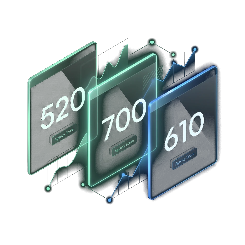 Three translucent glass screens showing different credit score numbers, representing Experian, Equifax, and TransUnion scores side by side